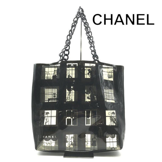 Chanel CC Logo Window Line Vinyl Tote Shoulder Bag Plastic Chain Black