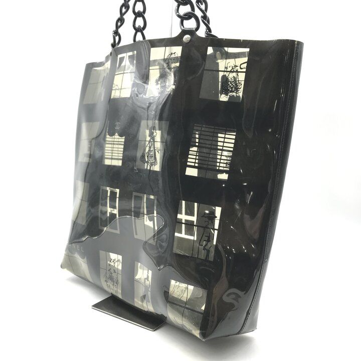 Chanel CC Logo Window Line Vinyl Tote Shoulder Bag Plastic Chain Black — view 2