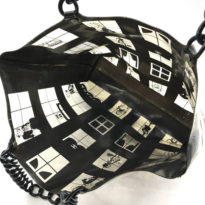 Chanel CC Logo Window Line Vinyl Tote Shoulder Bag Plastic Chain Black — view 8