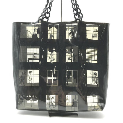 Chanel CC Logo Window Line Vinyl Tote Shoulder Bag Plastic Chain Black — view 3