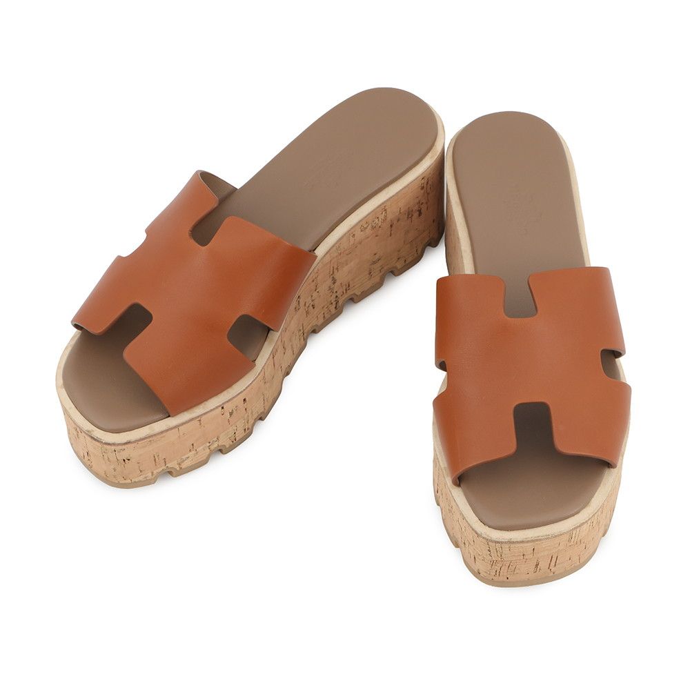 Hermes Sandals Eze Leather Cork 36 Shoes Wedge Sole Logo