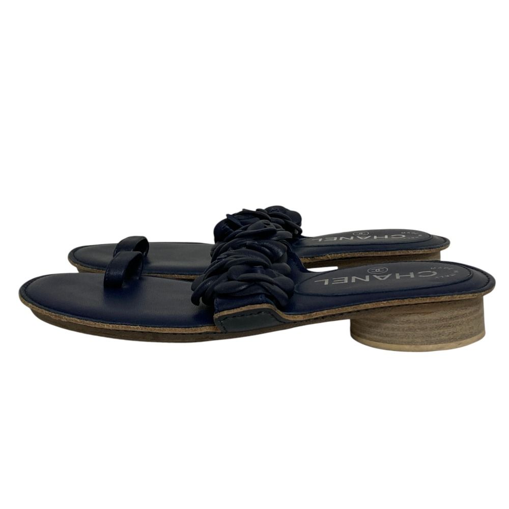 Chanel Camellia CC Logo Leather Sandals 35 Navy — view 2