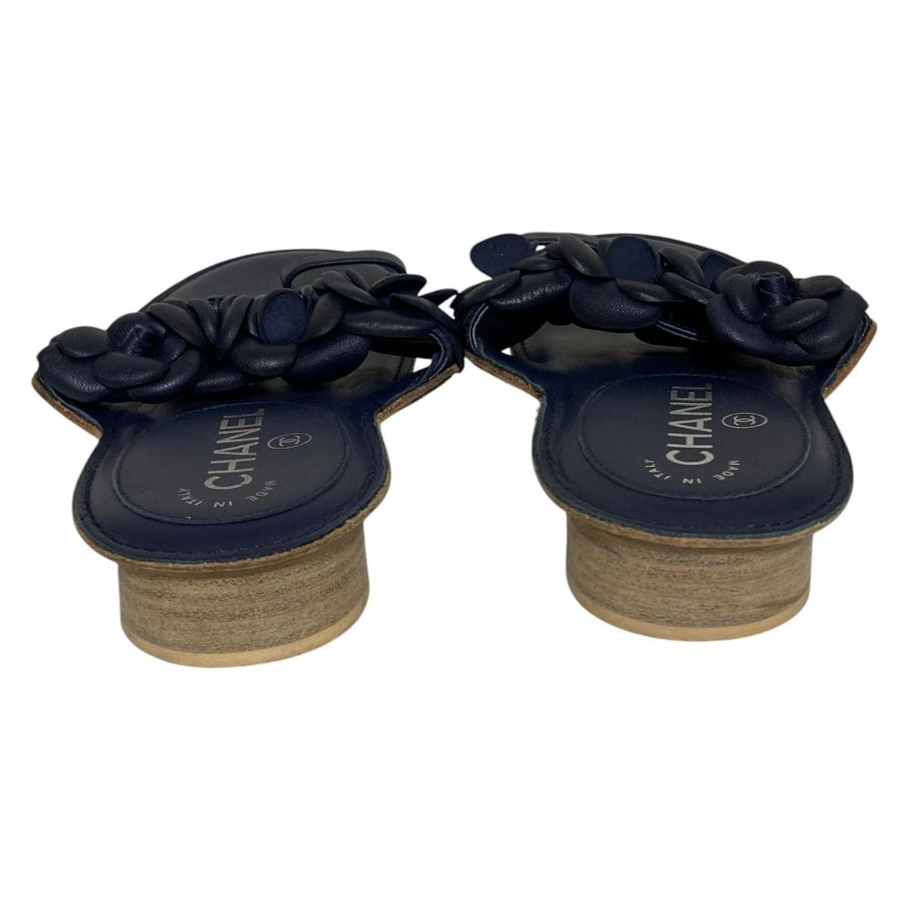 Chanel Camellia CC Logo Leather Sandals 35 Navy — view 3