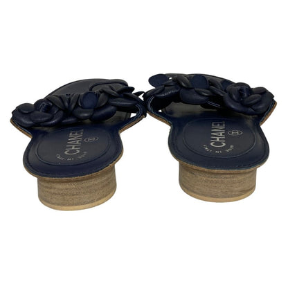 Chanel Camellia CC Logo Leather Sandals 35 Navy — view 3