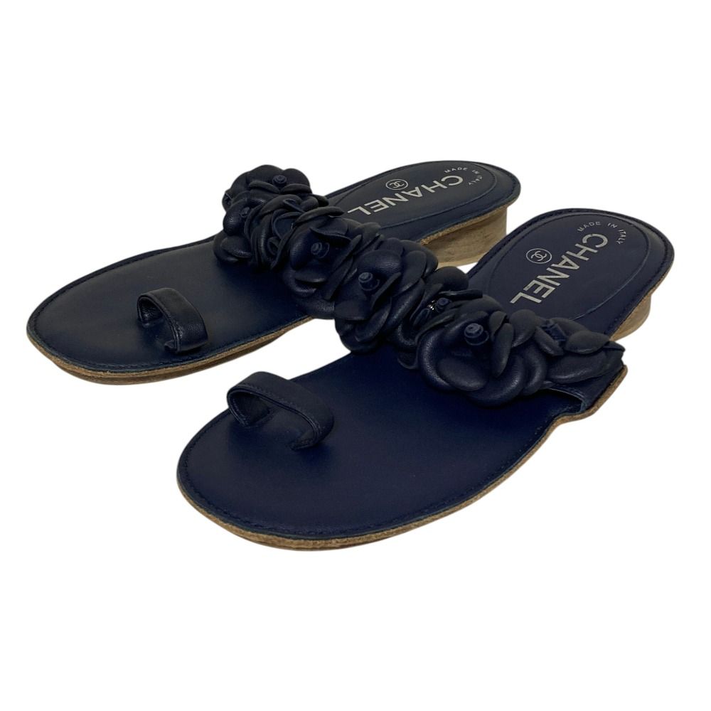 Chanel Camellia CC Logo Leather Sandals 35 Navy