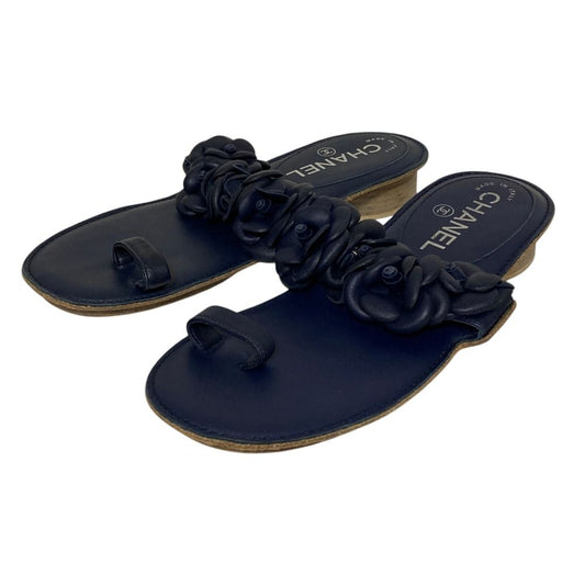 Chanel Camellia CC Logo Leather Sandals 35 Navy