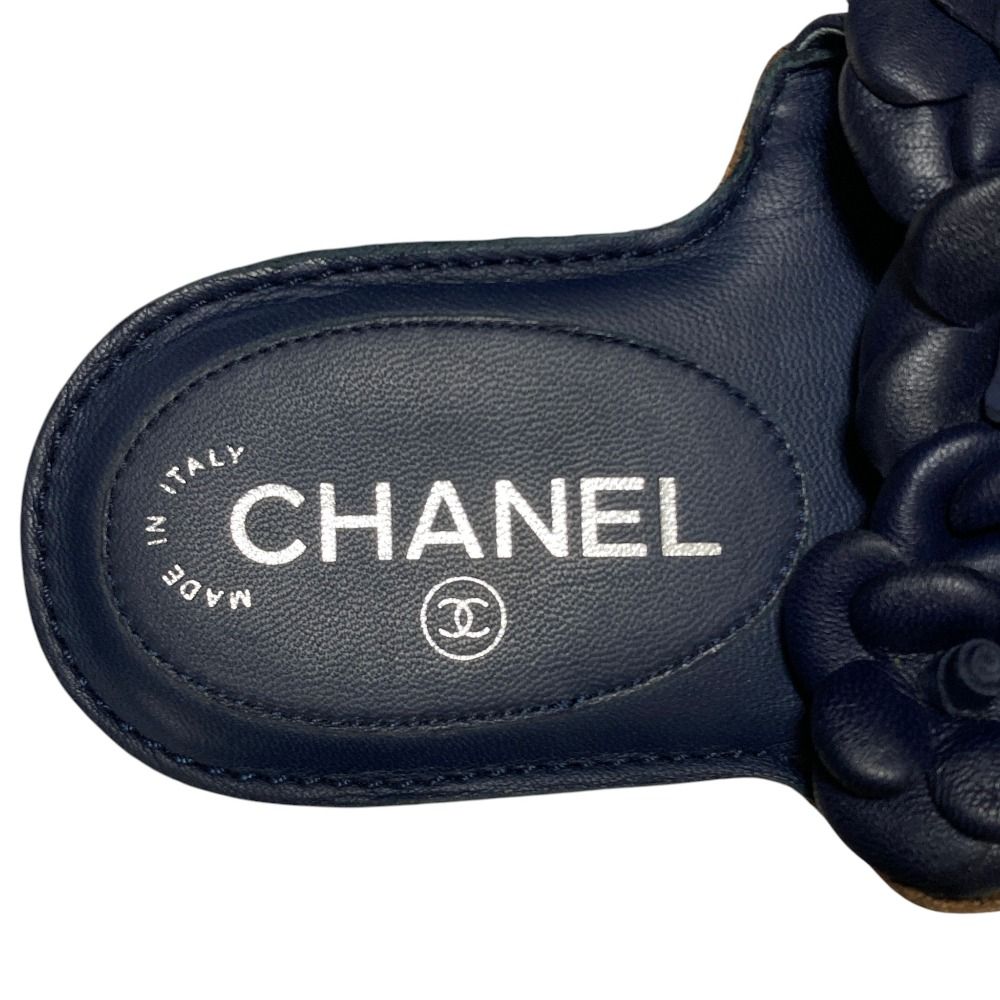 Chanel Camellia CC Logo Leather Sandals 35 Navy — view 5