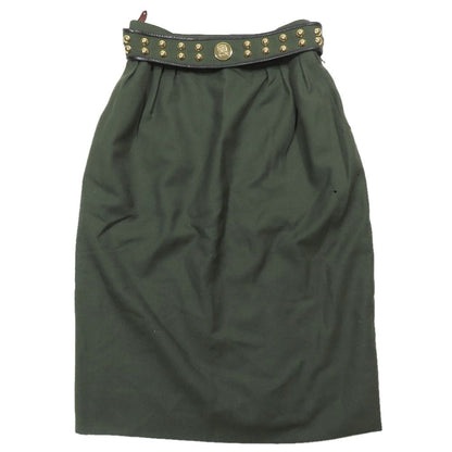 Hermes Vintage Wool Tight Skirt Half Knee Length Ball Studded Belt 36 Dark