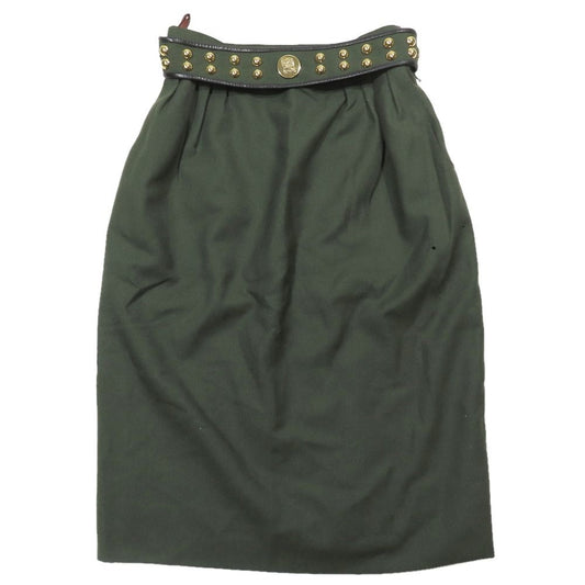 Hermes Vintage Wool Tight Skirt Half Knee Length Ball Studded Belt 36 Dark