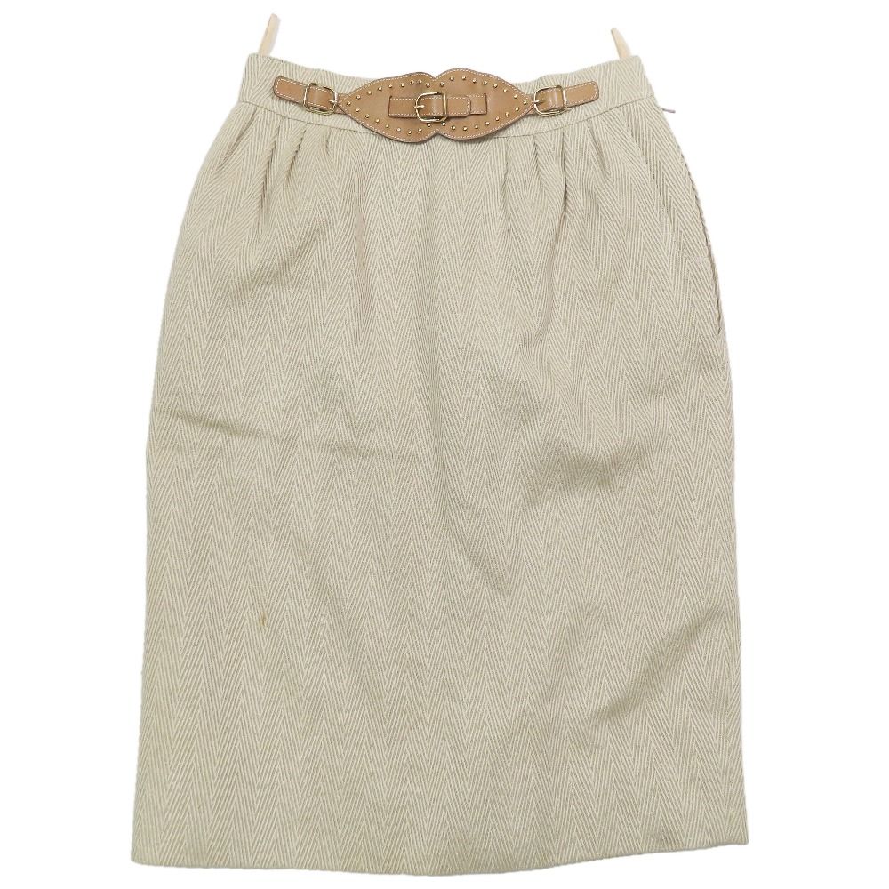 Hermes Vintage Wool Silk Blend Tight Skirt Studded Belt Half Knee Length