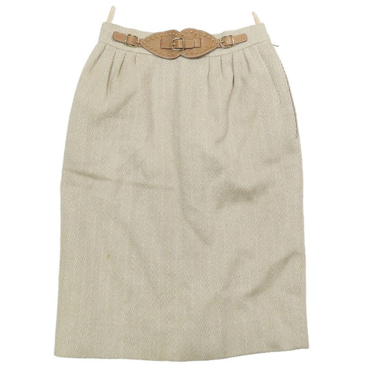 Hermes Vintage Wool Silk Blend Tight Skirt Studded Belt Half Knee Length