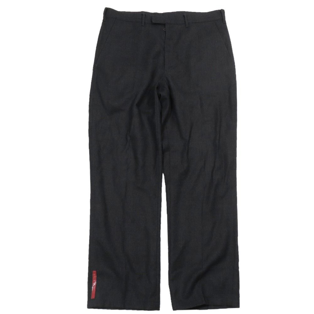 Prada Wool Trousers Straight Pants Zip Fly Pleated Rubber Logo Vintage Archive