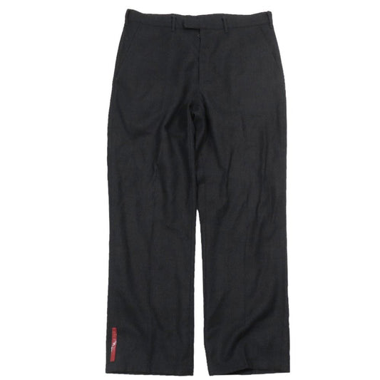 Prada Wool Trousers Straight Pants Zip Fly Pleated Rubber Logo Vintage Archive