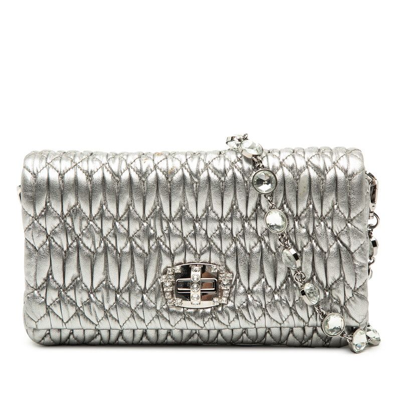 Miu Miu Miu Matelasse Nappa Crystal Crossbody Chain Shoulder Bag Silver Leather