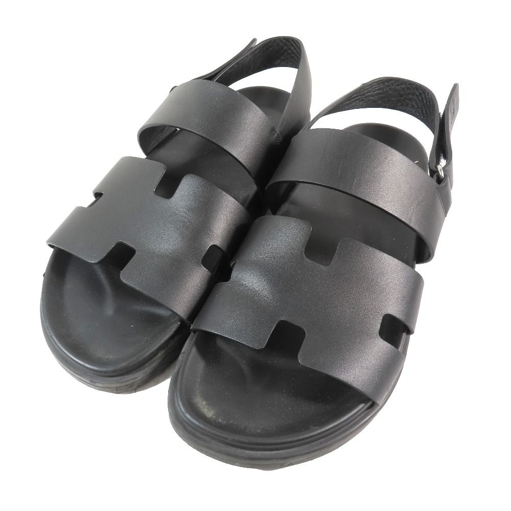 Hermes Genius Logo Leather Sandals Back Strap Techno Shoes 42 Black — view 3