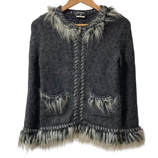 Chanel Alpaca Cashmere Zip Up Knit Jacket 36 Dark Gray White