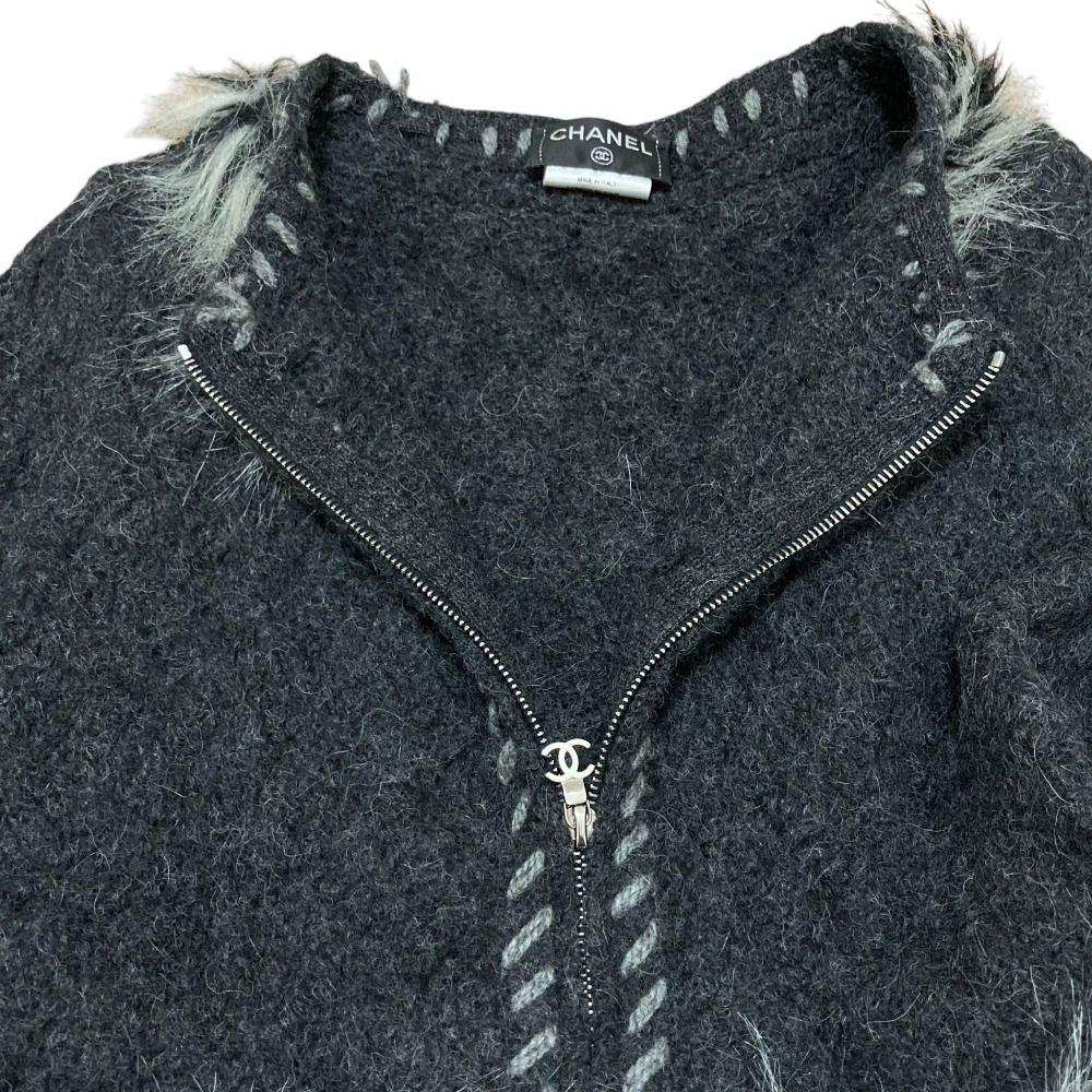 Chanel Alpaca Cashmere Zip Up Knit Jacket 36 Dark Gray White — view 5