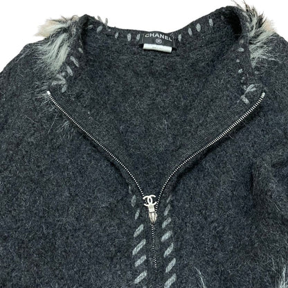 Chanel Alpaca Cashmere Zip Up Knit Jacket 36 Dark Gray White — view 5