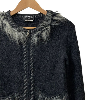 Chanel Alpaca Cashmere Zip Up Knit Jacket 36 Dark Gray White — view 2