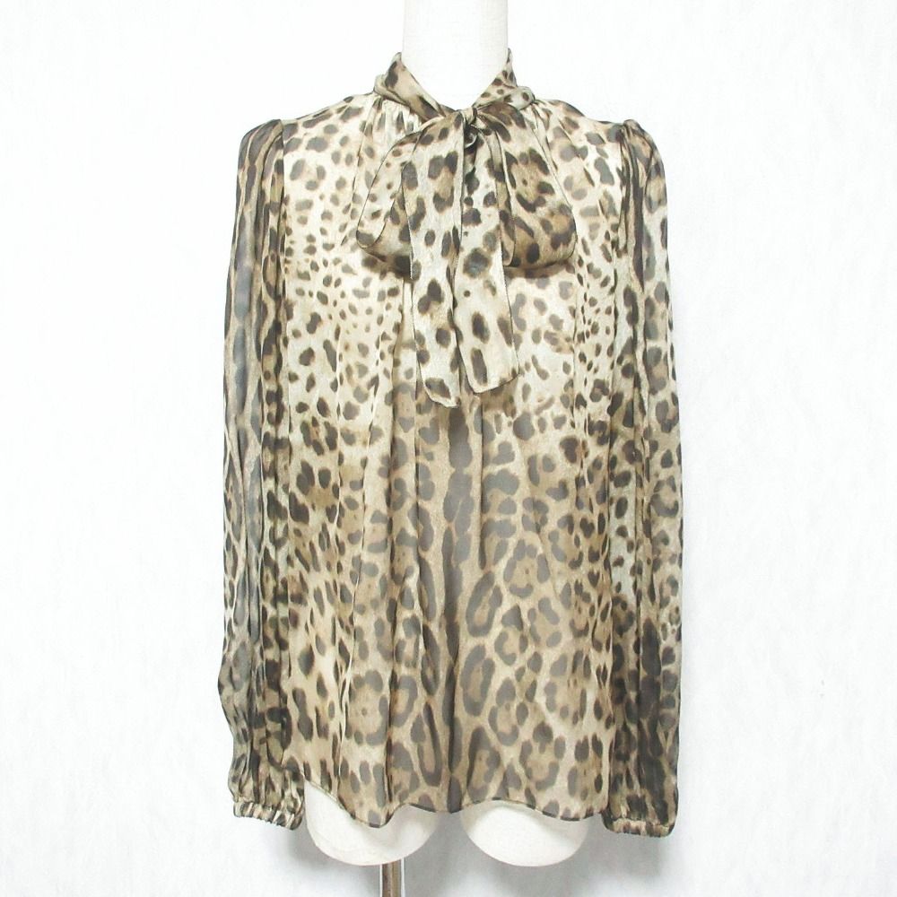 Dolce & Gabbana Leopard Print Silk Blouse with Bowtie 36 Beige Brown