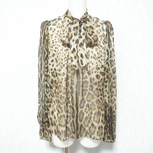 Dolce & Gabbana Leopard Print Silk Blouse with Bowtie 36 Beige Brown