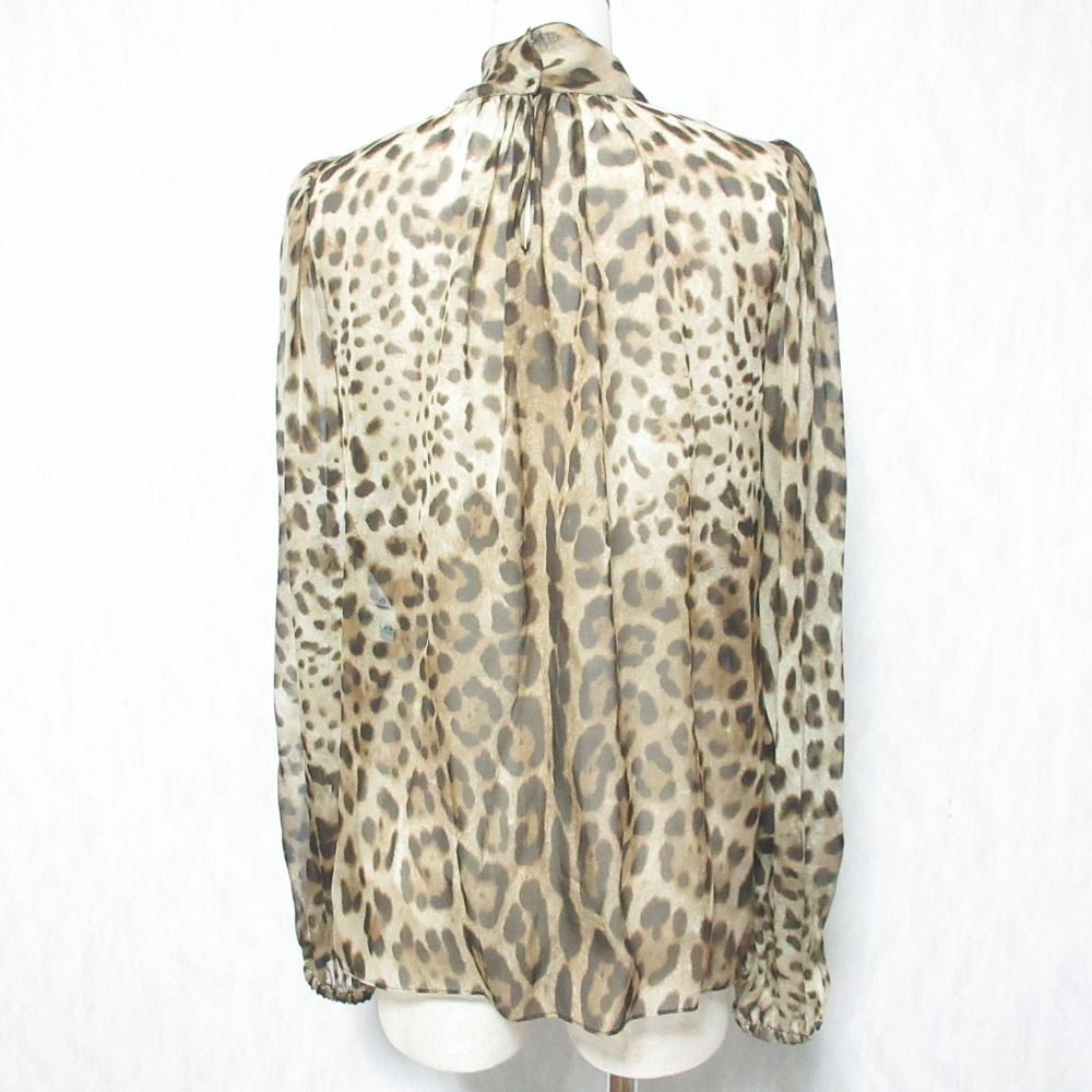Dolce & Gabbana Leopard Print Silk Blouse with Bowtie 36 Beige Brown — view 2