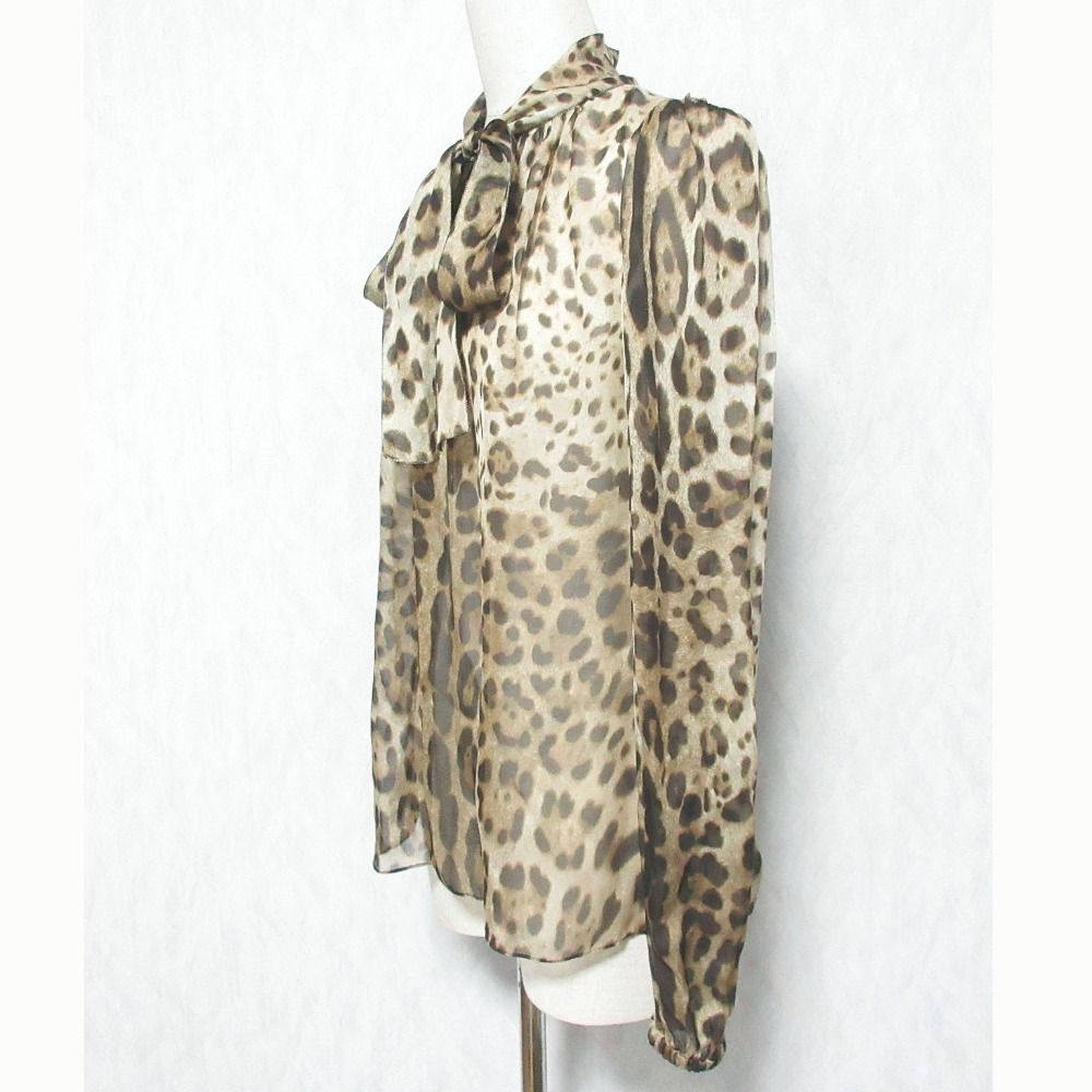 Dolce & Gabbana Leopard Print Silk Blouse with Bowtie 36 Beige Brown — view 3