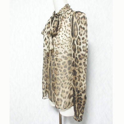 Dolce & Gabbana Leopard Print Silk Blouse with Bowtie 36 Beige Brown — view 3