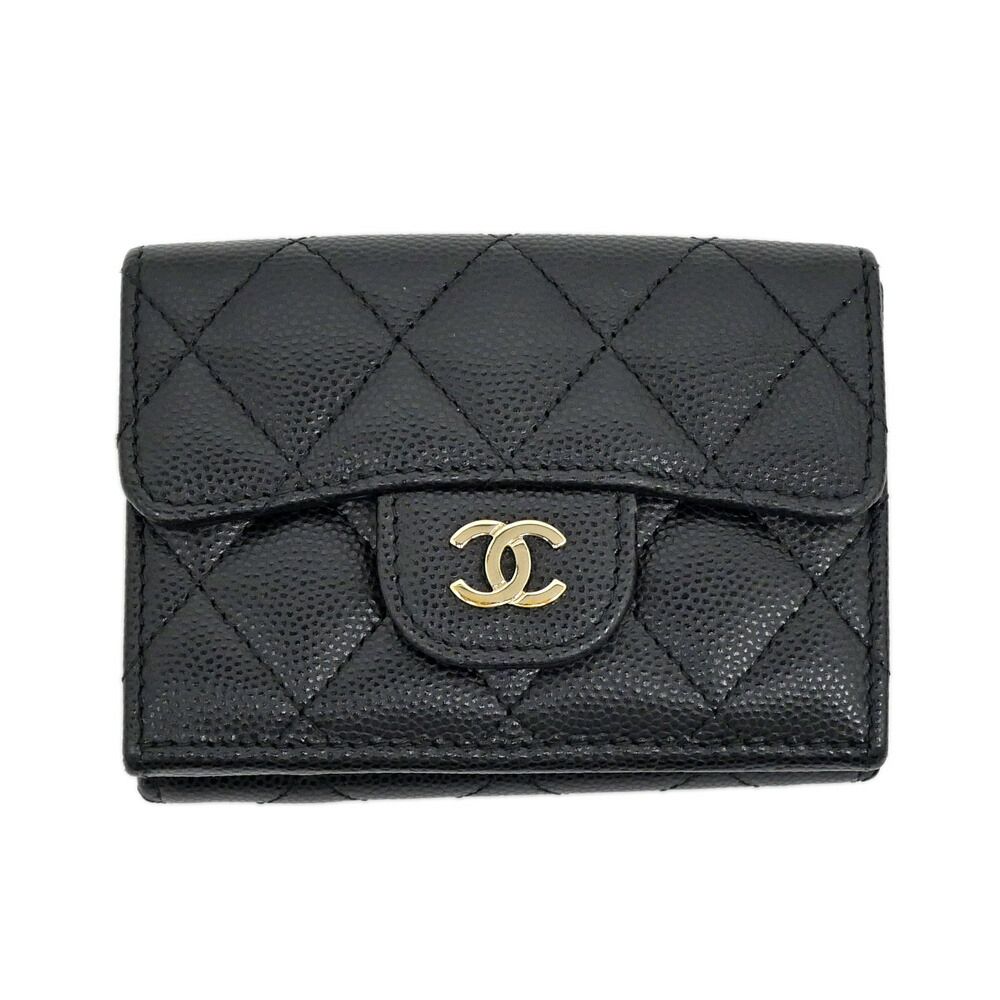 Chanel Classic Small Flap Wallet Caviar Leather Black Trifold Compact