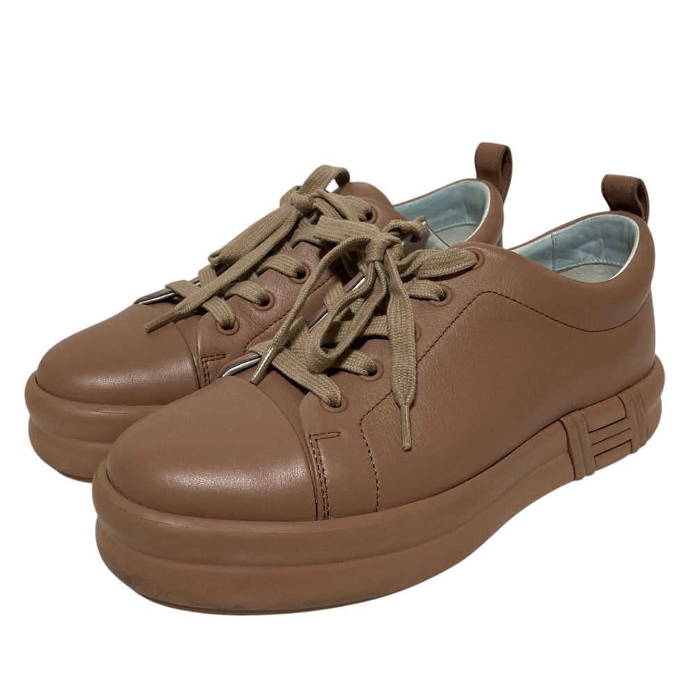Hermes Happy Low Cut Platform Leather Sneakers 36.5 Beige