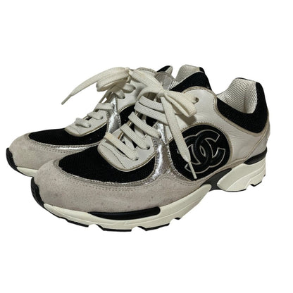 Chanel CC Logo Suede Leather Mesh Sneakers 36 Black White