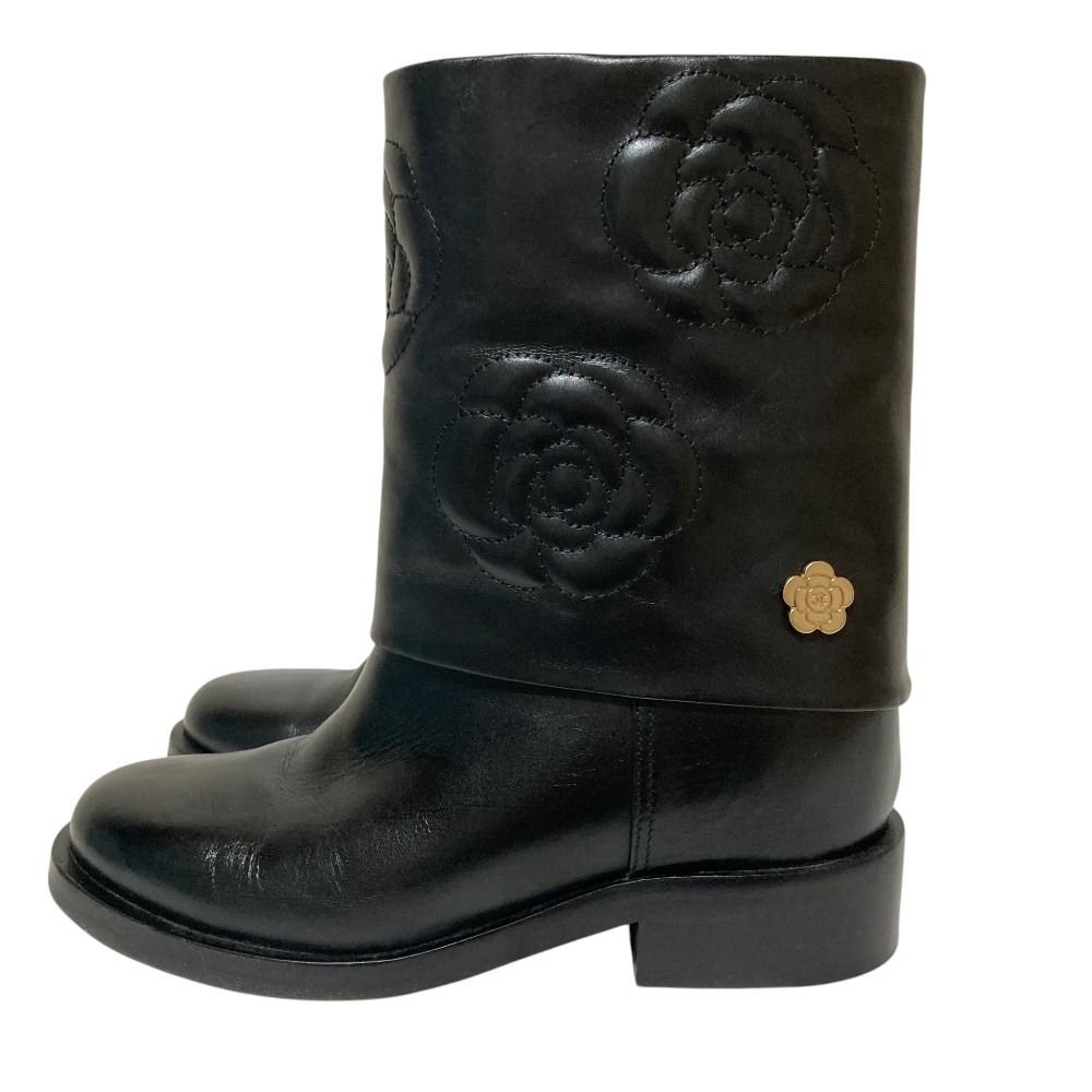 Chanel Camellia Leather Short Boots 36.5 Black — view 2