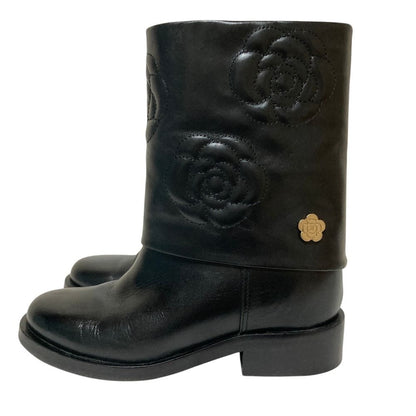 Chanel Camellia Leather Short Boots 36.5 Black — view 2