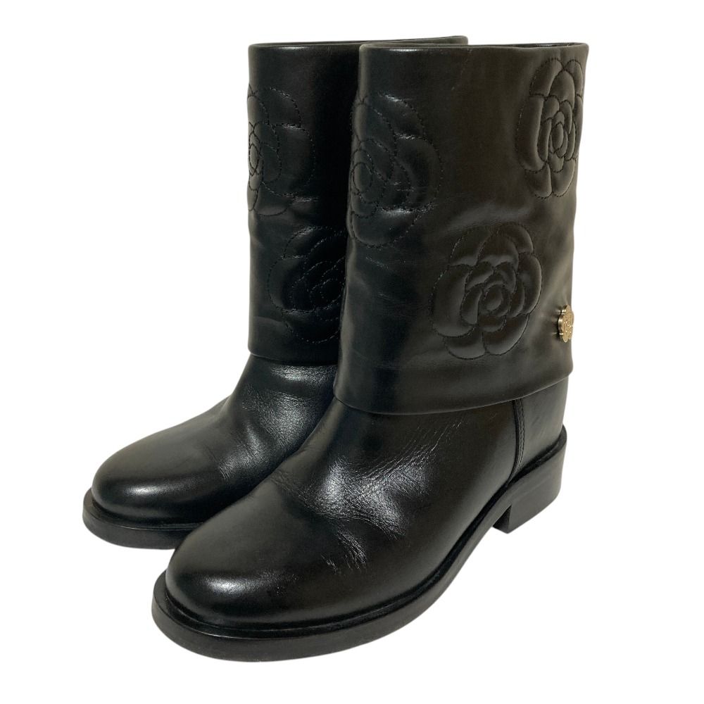 Chanel Camellia Leather Short Boots 36.5 Black