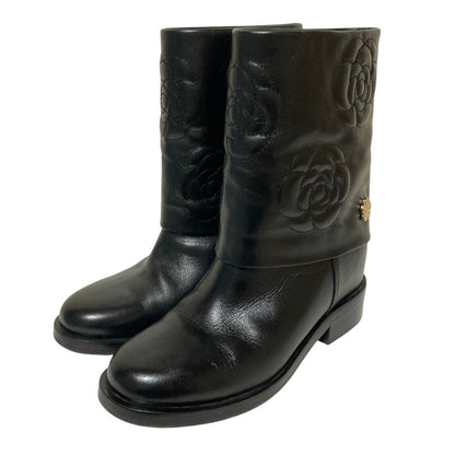 Chanel Camellia Leather Short Boots 36.5 Black