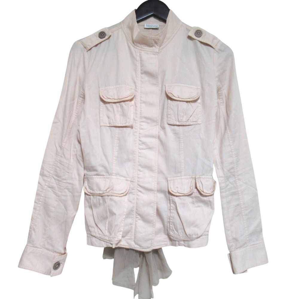 Brunello Cucinelli Chiffon Ribbon Long Sleeve Work Shirt Jacket 42 Pink Beige