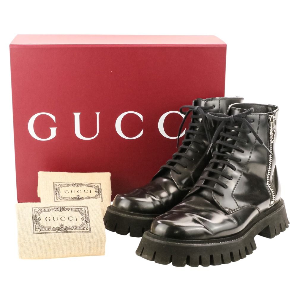 Gucci GG Logo Leather Side Zip Short Boots 7 Black