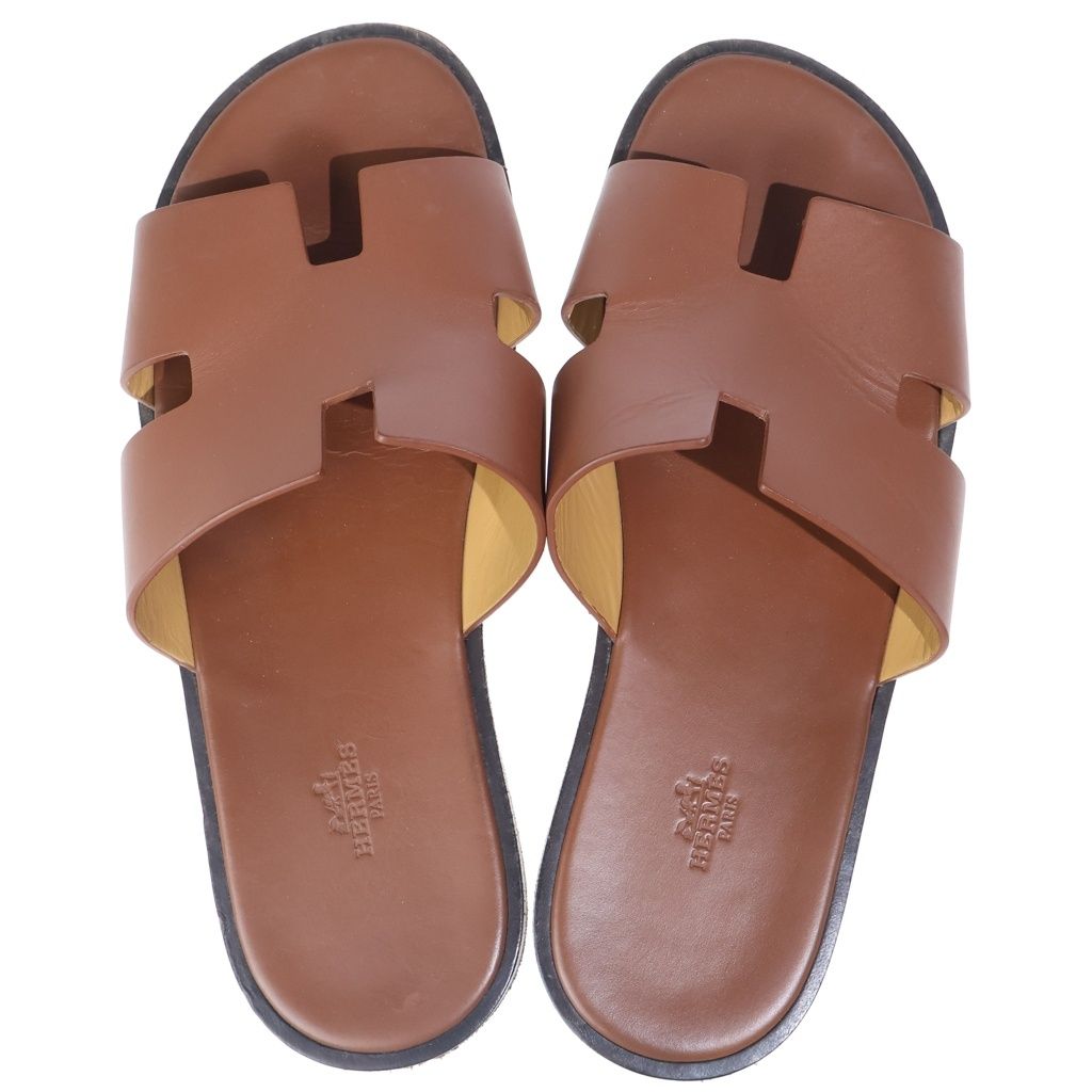 Hermes Izmir Logo Leather Flat Sandals Brown — view 4
