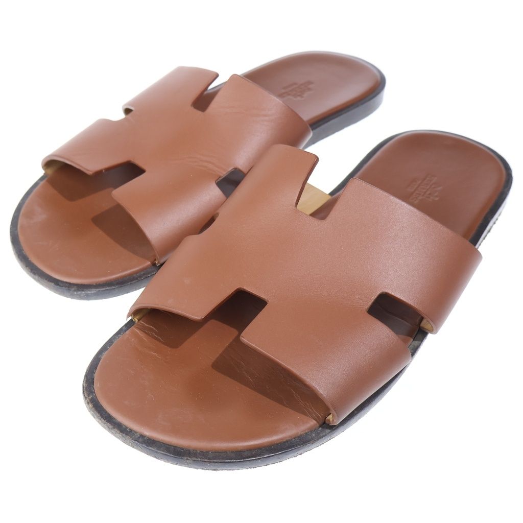 Hermes Izmir Logo Leather Flat Sandals Brown — view 2