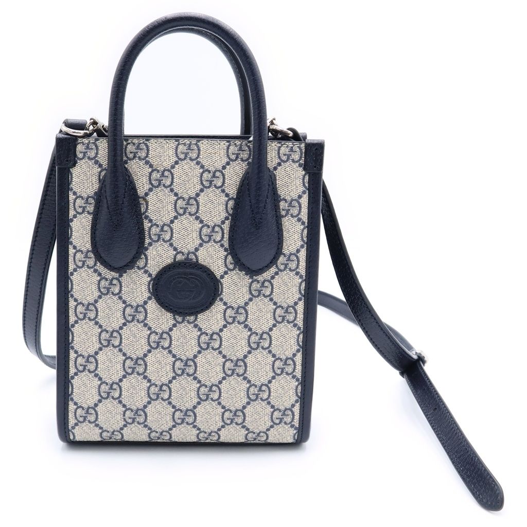 Gucci Interlocking 2-Way Mini Tote Shoulder Bag Navy Leather Silver