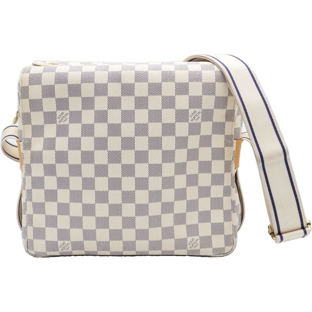 Louis Vuitton Damier Azur Naviglio Shoulder Bag White Leather Gold
