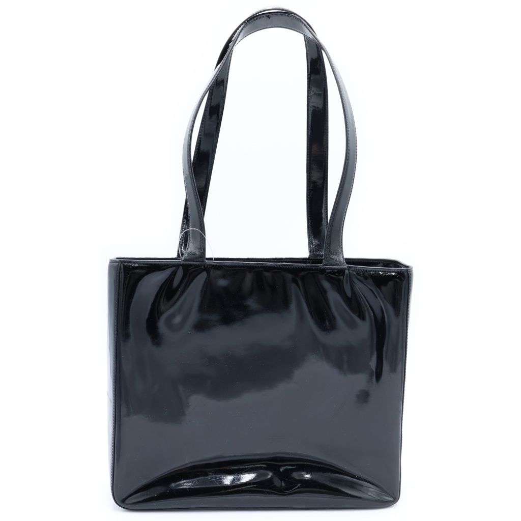 Chanel Logo Handbag Mini Tote Black Patent Enamel Gold — view 2