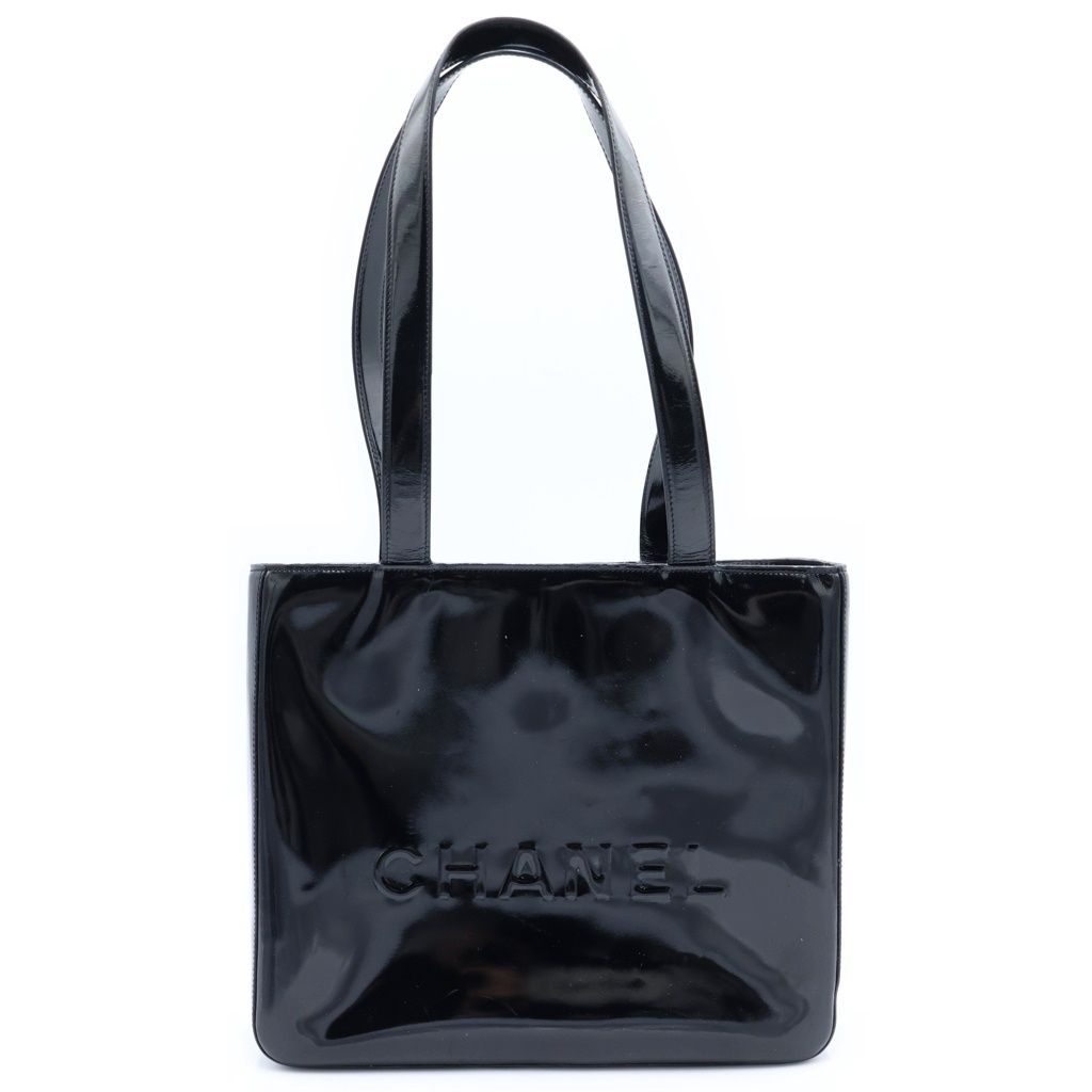 Chanel Logo Handbag Mini Tote Black Patent Enamel Gold