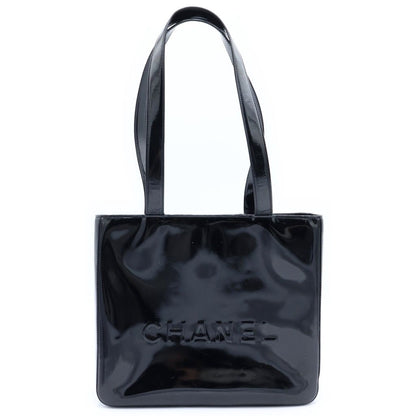 Chanel Logo Handbag Mini Tote Black Patent Enamel Gold