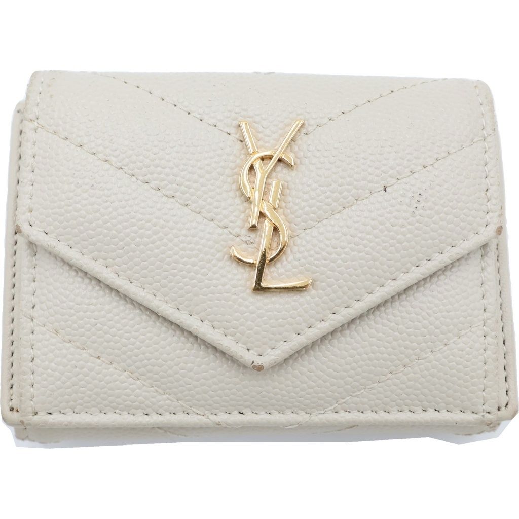 Saint Laurent Paris Trifold Wallet Compact Coin Case Ivory Leather Gold
