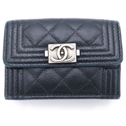 Chanel Trifold Wallet Compact Coin Case Black Caviar Leather Silver