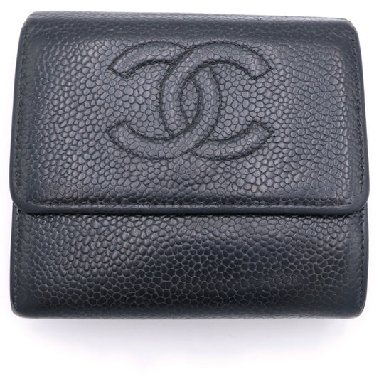 Chanel CC Logo Trifold Wallet Compact Coin Case Black Caviar Silver
