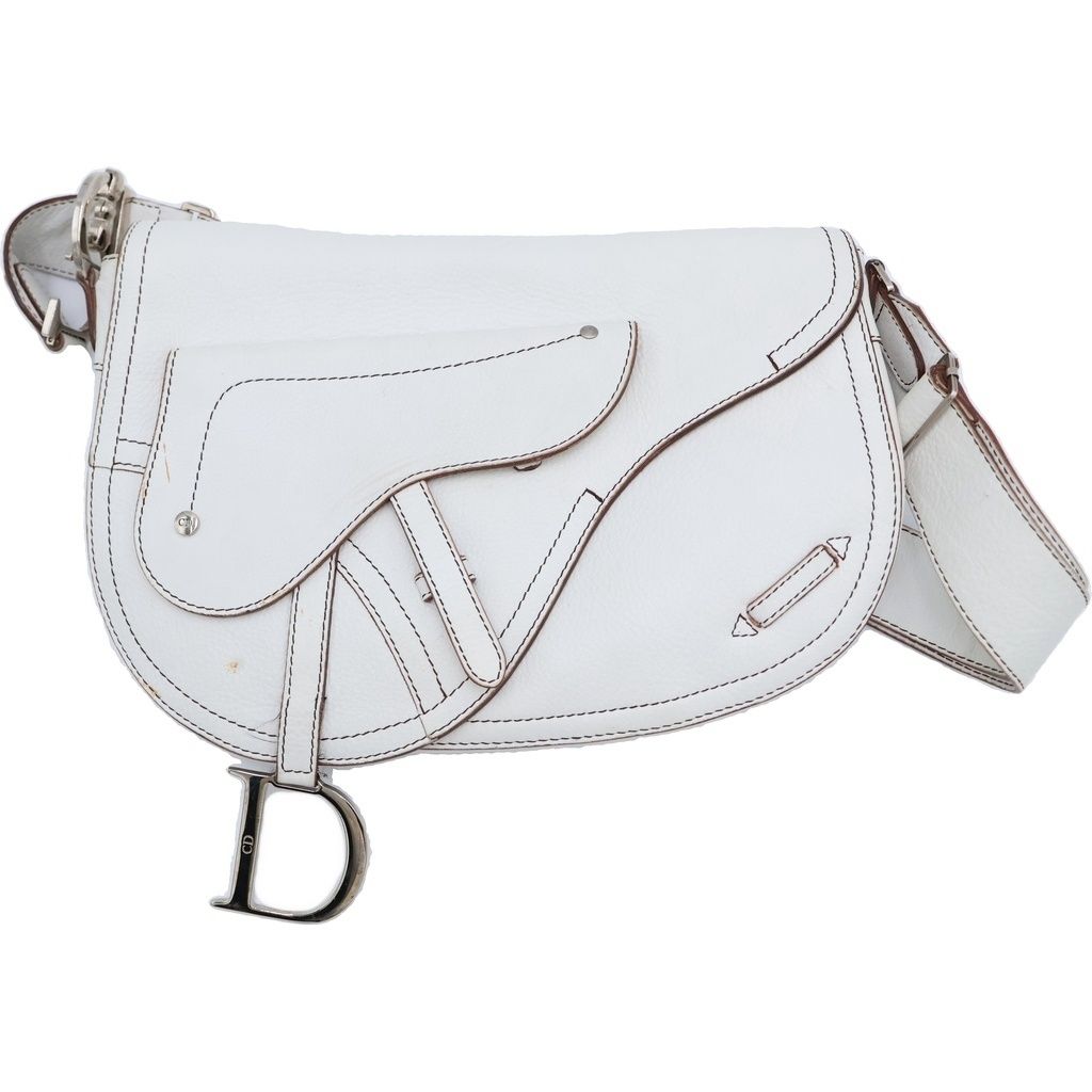 Dior Saddle Stitch Shoulder Bag White Leather Silver