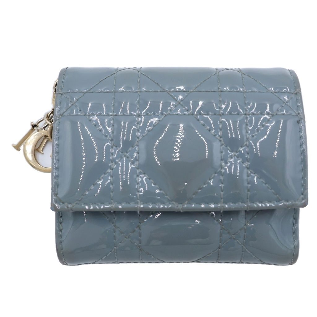 Dior Lotus Wallet Trifold Compact Coin Case Smoky Blue Cannage Patent Leather