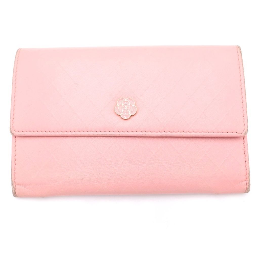 Chanel CC Logo Bifold Wallet Card Case Pink Leather Gold